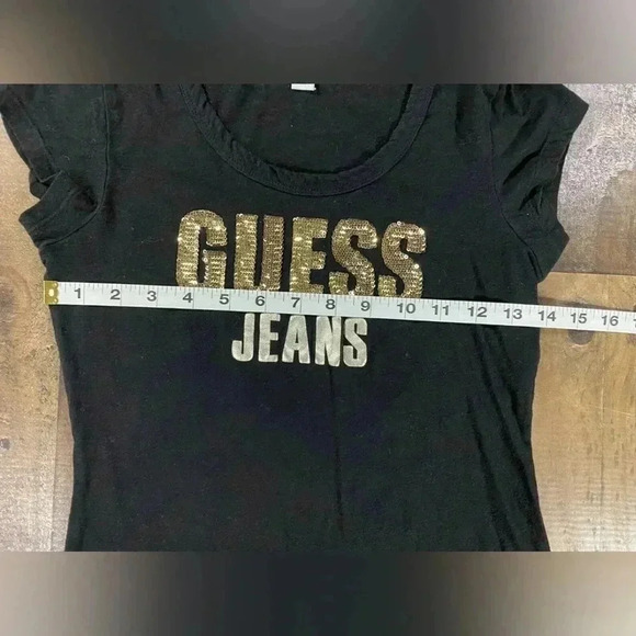 GUESS Jeans Women’s Jet Black T-Shirt with Gold Writing and Gold Sequins - Picture 5 of 11